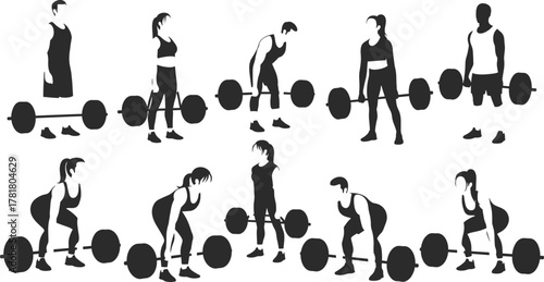 Deadlift exercise silhouette set, black vector illustration, proper lifting form, barbell technique poses, fitness training icons, minimal style, gym workout concept