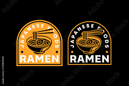Ramen japanese food with noodle, chopstick, egg retro badge logo design set for restaurant and culinary. Asian noodle bowl vintage emblem element pack. Noodle soup rustic patch graphic design