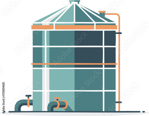 Large industrial storage tank with pipes and a detailed roof structure.