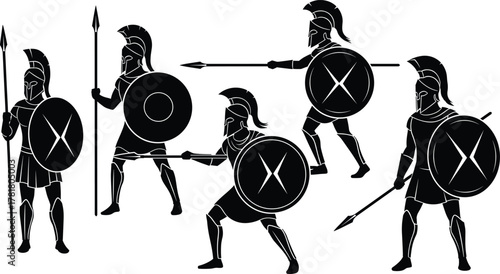 Greek warrior silhouette set, black vector illustration, spear and shield poses, classical armor design, battle stance icons, historical theme, minimal style