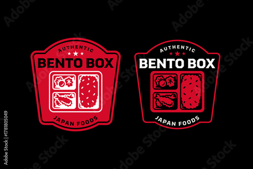 Bento box with rice, vegetables, tempura retro badge logo design set for restaurant. Japanese lunch box vintage emblem element pack for culinary. Bento meal rustic patch graphic design for cafes