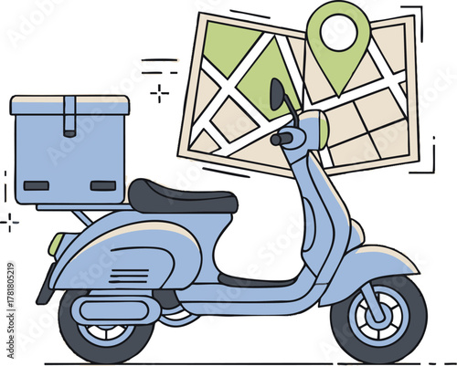 Delivery scooter with a map and a box for transporting goods quickly.