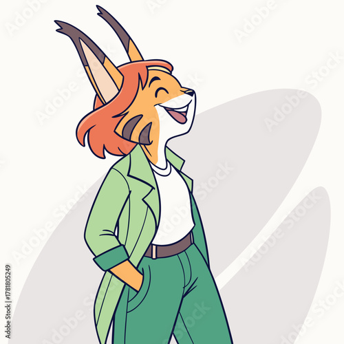Happy anthropomorphic fox character with red hair and green outfit smiling brightly.