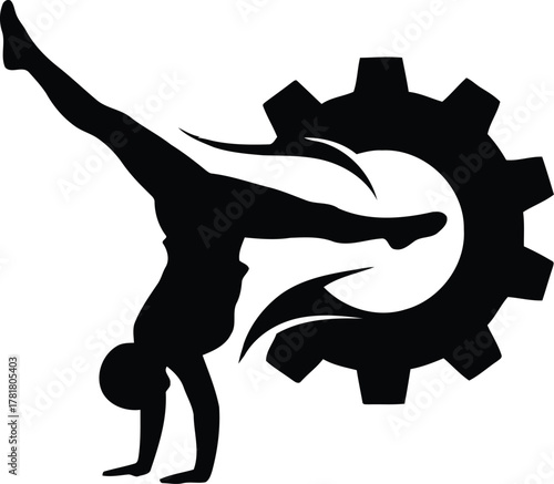 Gymnast performing a handstand with a gear logo