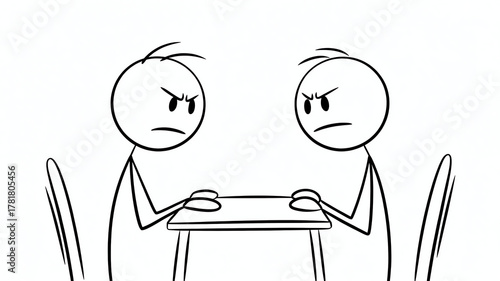 Two stick figures with angry expressions sit across from each other at a table, isolated on white background