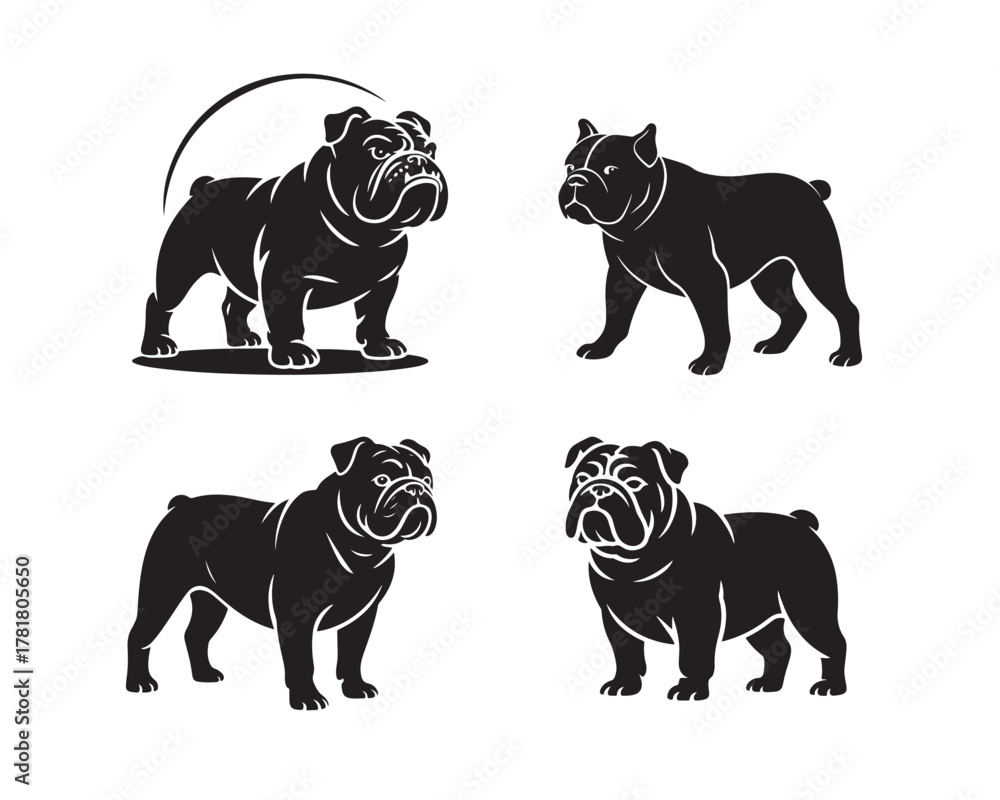 Obraz premium bulldog vector silhouette set, bulldog collection, dog vector illustration, vector set, domestic dog design, loyal dog illustration, guard dog logo, strong dog silhouette, bulldog collection