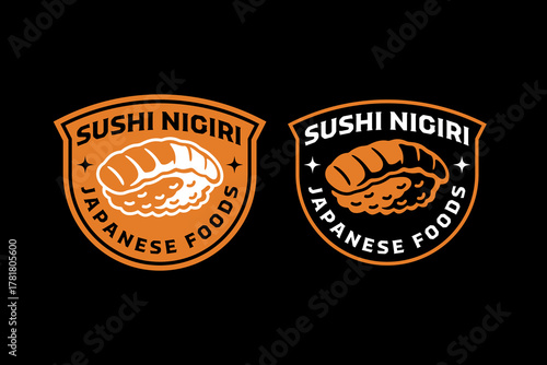 Sushi nigiri japanese food retro badge logo design set for restaurant. Seafood with rice dish vintage emblem element pack for culinary. Fish sushi asian cuisine rustic patch graphic design for cafes