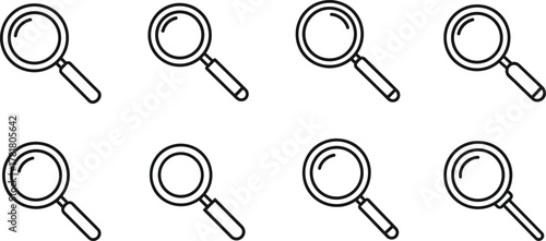 Magnifying glass puzzle icons, black and white vector, reflection pattern variations, visual test design, odd one out, IQ challenge illustration