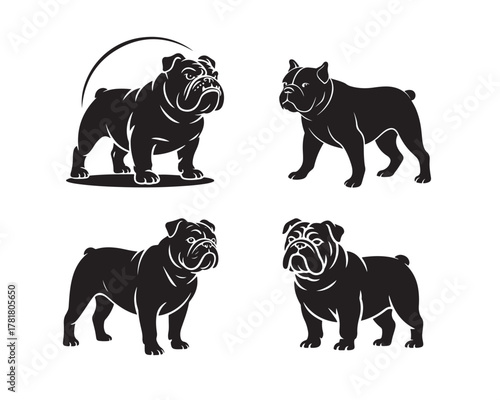 bulldog vector silhouette set, bulldog collection, dog vector illustration, vector set, domestic dog design, loyal dog illustration, guard dog logo, strong dog silhouette, bulldog collection