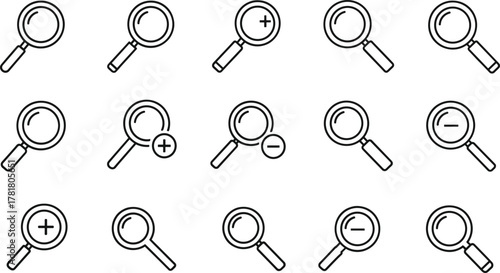 Magnifying glass icon set, black outline vector, zoom in and out symbols, search tool design, UI element, minimal style