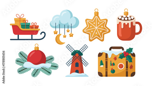 Festive Symbols of Celebration: An array of joyous festive objects including Christmas tree decorations, gifts, star cookie, a cup of cocoa, a windmill and a travel bag, and a sleigh.