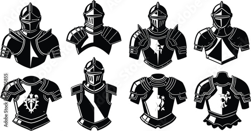 Medieval knight armor vector, black and white illustration, heraldic busts, stylized helmets, vintage engraving, gothic warrior design, historical costume reference