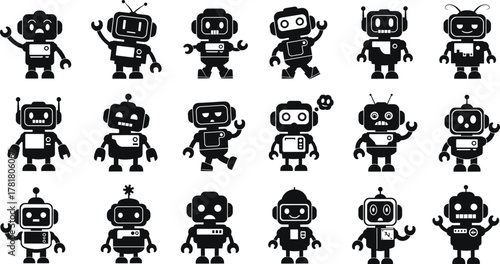 Robot character silhouette set, black and white vector, retro mechanical designs, diverse expressions, antenna and gear details, minimal tech icons, playful style
