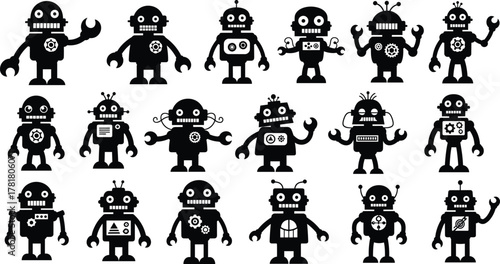 Robot silhouette icon set, black vector illustration, mechanical character designs, diverse robot shapes, gear and antenna details, minimal style, tech concept