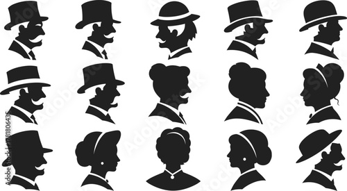 Vintage profile silhouette set, black vector illustration, historical head icons, diverse hairstyles, hats and accessories, male and female characters, side view