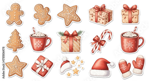 Festive Christmas sticker sheet featuring gingerbread cookies, wrapped gifts, hot chocolate, candy canes, and winter accessories.