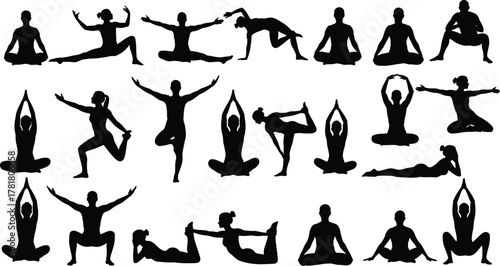 Yoga pose silhouette set, black vector illustration, flexibility and balance postures, meditation and strength icons, wellness concept, minimal style, fitness theme