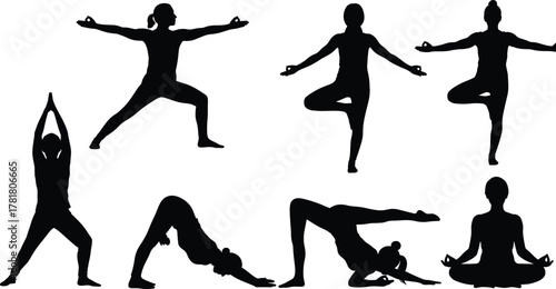 Yoga pose silhouette set, black vector illustration, flexibility and balance icons, meditation and strength postures, wellness concept, minimal style, fitness theme