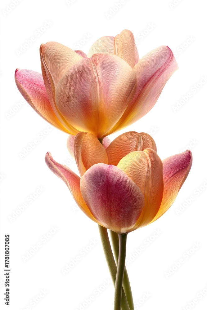 Naklejka premium Two Delicate Tulips with Pink and Orange Petals on White.
