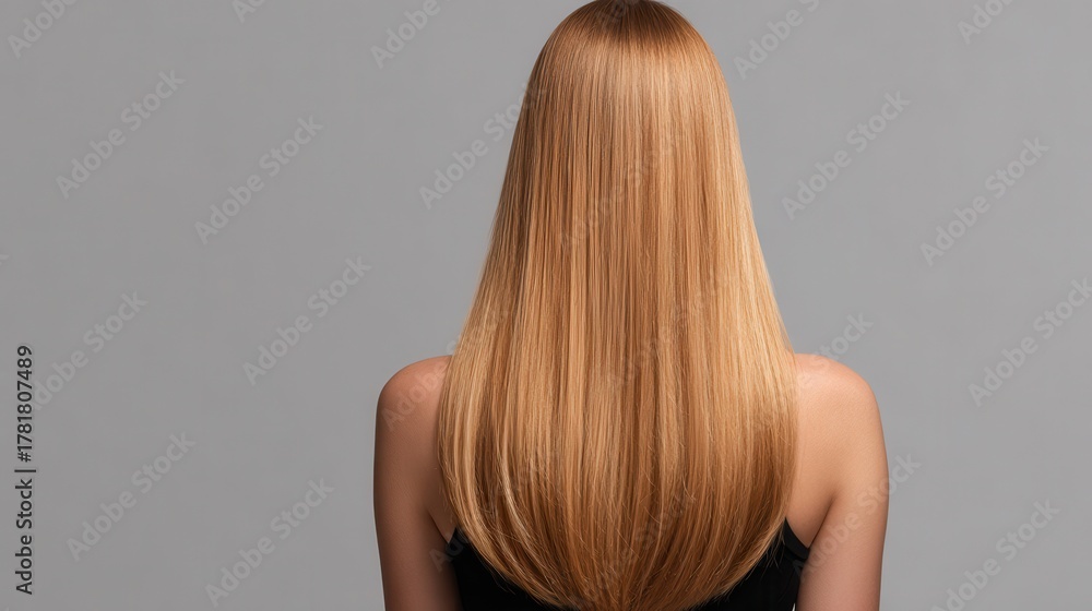 Obraz premium Long straight honey blonde hair falls gracefully down the back, showcasing smooth, shiny strands under soft lighting in a minimalist setting