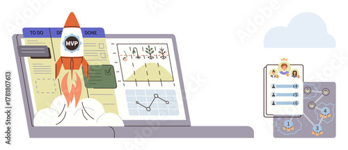 Rocket labeled MVP launching off laptop displaying charts, task planner, growth analytics. Nearby, leaderboard and workflow diagram symbolize teamwork, productivity, strategy, innovation, growth