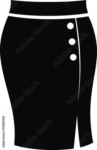 Vector silhouette of high-waisted pencil skirt with side slit and decorative buttons for fashion design and garment illustration