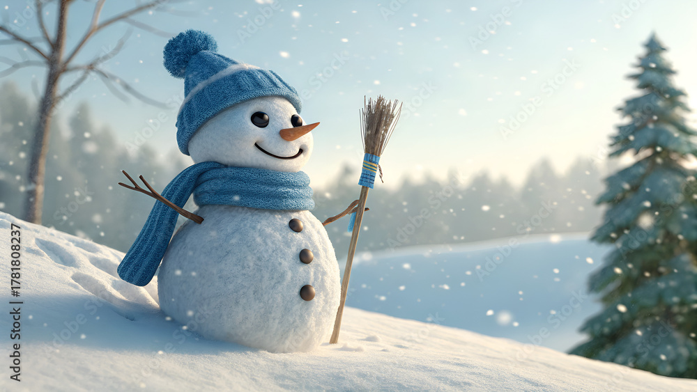 Obraz premium A fun cartoon vector illustration of a happy snowman with a scarf and hat in a snowy winter forest, perfect for a December holiday Christmas card celebration