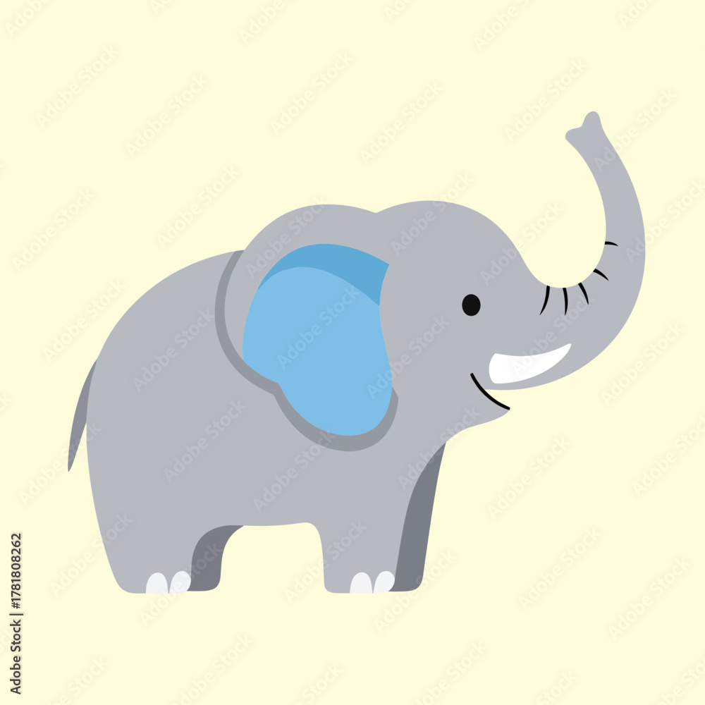 Obraz premium Cartoon illustration of a gray elephant with blue ears, trunk raised, and a friendly smile.