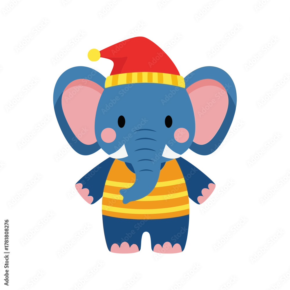 Obraz premium A cheerful cartoon elephant wearing a festive Santa hat and striped shirt.