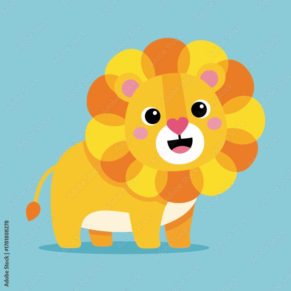 Obraz premium A cheerful cartoon lion with a large orange and yellow mane, smiling on a blue background.
