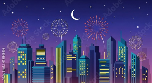 Vibrant city skyline at night illuminated by colorful fireworks and a crescent moon, showcasing a festive atmosphere and modern architecture in a celebratory scene