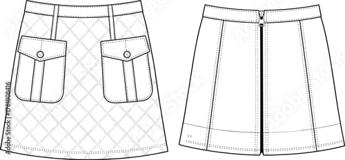 Vector CAD drawing of quilted skirt with flap pockets, back zipper, belt loops, and hem band for fashion design illustration