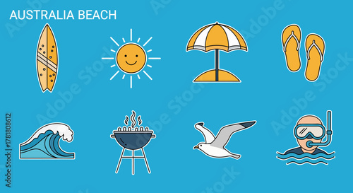 An illustration set of eight yellow white and blue icons related to an Australian beach on a blue background
