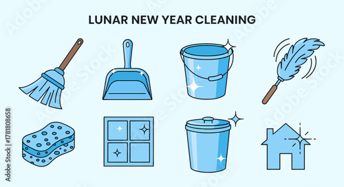 Blue icons depicting cleaning tools and a house for Lunar New Year cleaning