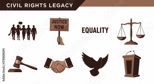 Brown graphic illustrating civil rights legacy icons protest justice equality law handshake dove and podium