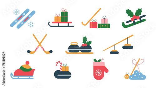 Winter Festive Assortment: A delightful collection of holiday-themed illustrations, brimming with winter sports equipment, gift-laden sleds.