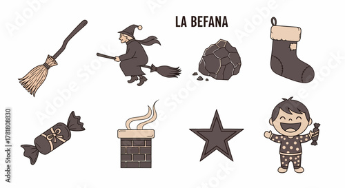 Cartoon icons related to La Befana featuring a witch sweets coal and a chimney