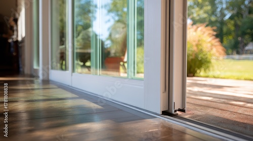 Close up view of aluminum frame sliding patio door system showing smooth operation and modern design in a bright, sunny outdoor setting