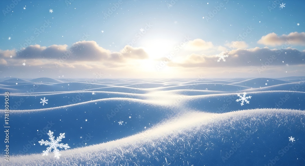 Naklejka premium Winter landscape with rolling snowdrifts and falling snowflakes under a bright sun