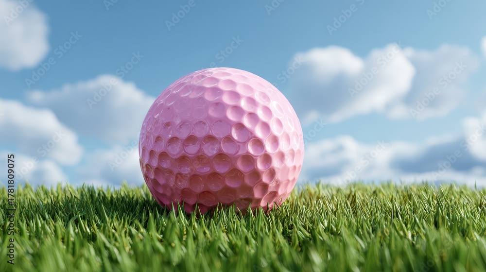 Obraz premium Unique pink golf ball resting on bright green grass under a clear blue sky with fluffy white clouds