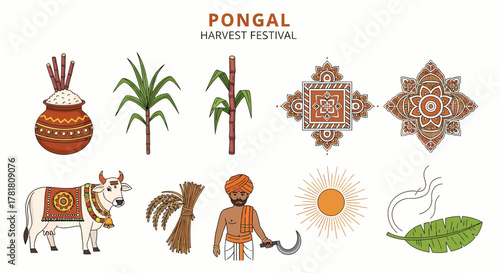 Collection of illustrations representing Pongal harvest festival elements on white background