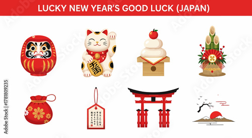 Eight Japanese New Years good luck symbols arranged in two rows