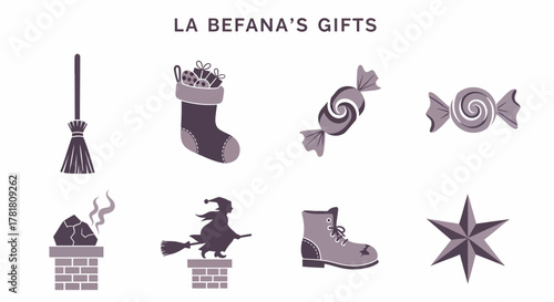 Eight purple icons illustrating objects related to La Befana broom stocking candies chimney witch boot and star