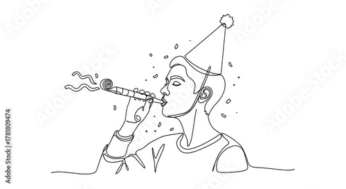 Line art illustration of a young person wearing a party hat, blowing a noisemaker, celebrating a festive occasion with joyful expressions and celebratory elements