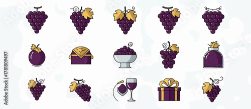 Fifteen purple food icons depicting grapes wine and related items on white
