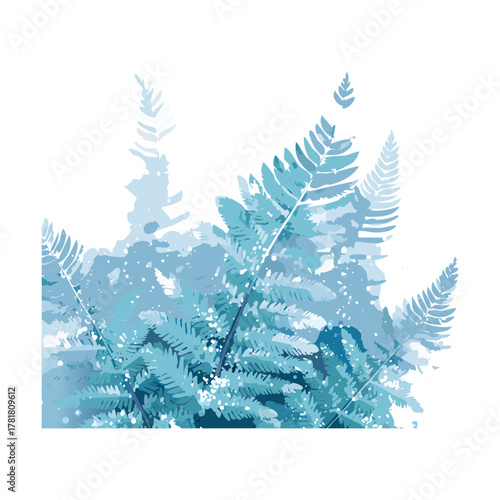 Group of delicate, stylized blue fern Plants and frosted pines against a white background, suggesting a serene winter botanical landscape