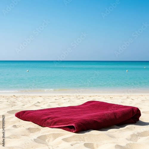 Luxurious maroon towel resting on a pristine sandy beach, overlooking a calm, turquoise ocean under a clear sky, symbolizing serene escape ,summer ,travel concept ,holiday