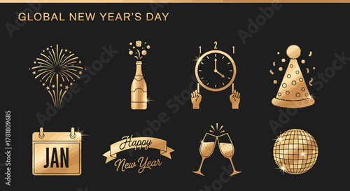 Golden New Years Day icons on a dark background