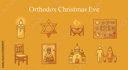 Graphic icons representing elements of Orthodox Christmas Eve on orange