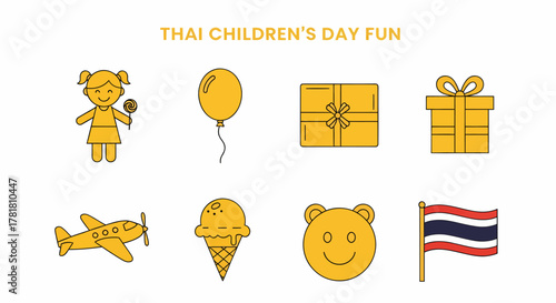 Yellow icons for Thai Childrens Day featuring a girl balloon gifts airplane ice cream bear face and Thai flag